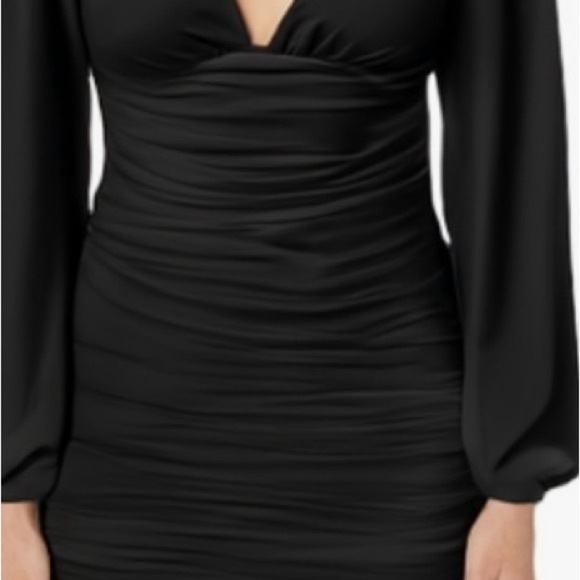 Black Bodycon Dress with Plunge Neckline and Bishop Sleeves - Picture 4 of 8